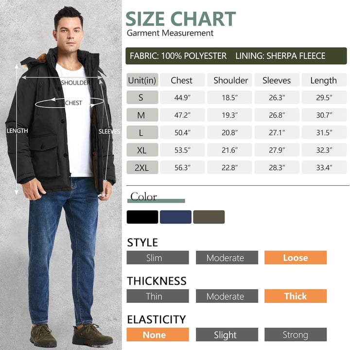 Größentabelle für Herrenjacke, schwarz, Polyester, Sherpa-Fleece, verschiedene Größen.