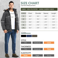 Größentabelle für Herrenjacke, Polyester, Sherpa-Fleece, dunkelgrau, Größen S-2XL.