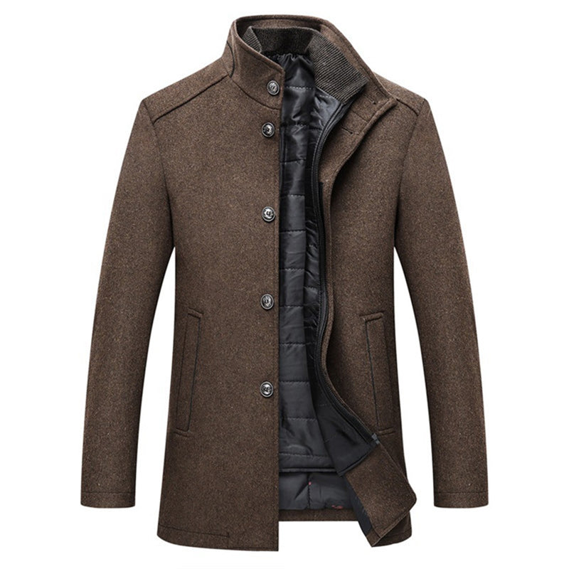 Brauner Herrenmantel, winddicht, gestreift, Wolle, lange Jacke, modisch, elegant, warm.