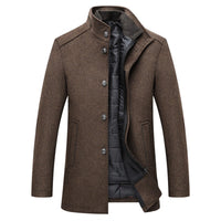 Brauner Herrenmantel, winddicht, gestreift, Wolle, lange Jacke, modisch, elegant, warm.