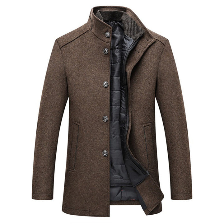 Brauner Herrenmantel, winddicht, gestreift, Wolle, lange Jacke, modisch, elegant, warm.