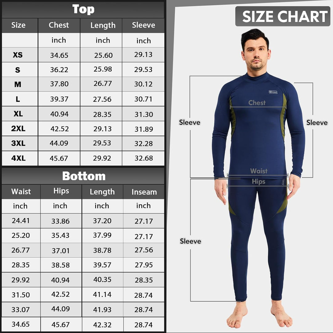 Größentabelle für Herren-Thermo-Unterwäsche, dunkelblau, langärmelig, atmungsaktiv.