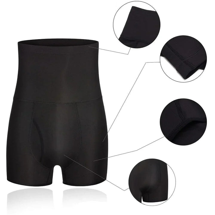 Schwarze Herren-Miederhose, nahtlos, formend, elastisch, für Bauchkontrolle und Unterstützung.