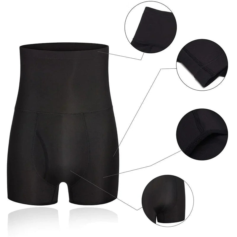 Schwarze Herren-Miederhose, nahtlos, formend, elastisch, für Bauchkontrolle und Unterstützung.