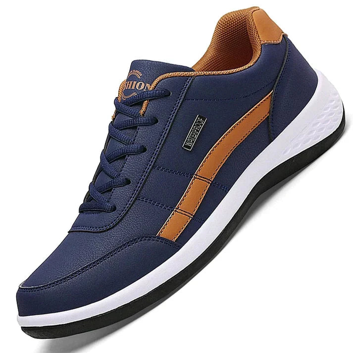 Blauer Sneaker mit braunen Akzenten, Herren, modisch, bequem, rutschfeste Sohle.