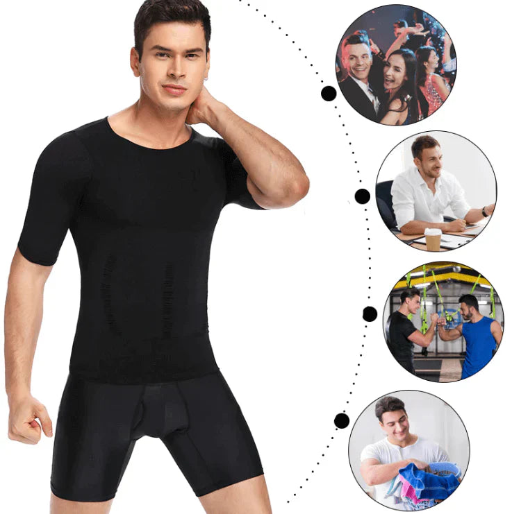 Männer Mieder schwarz, figurformend, kurzärmelig, nahtlos, für Sport und Alltag.