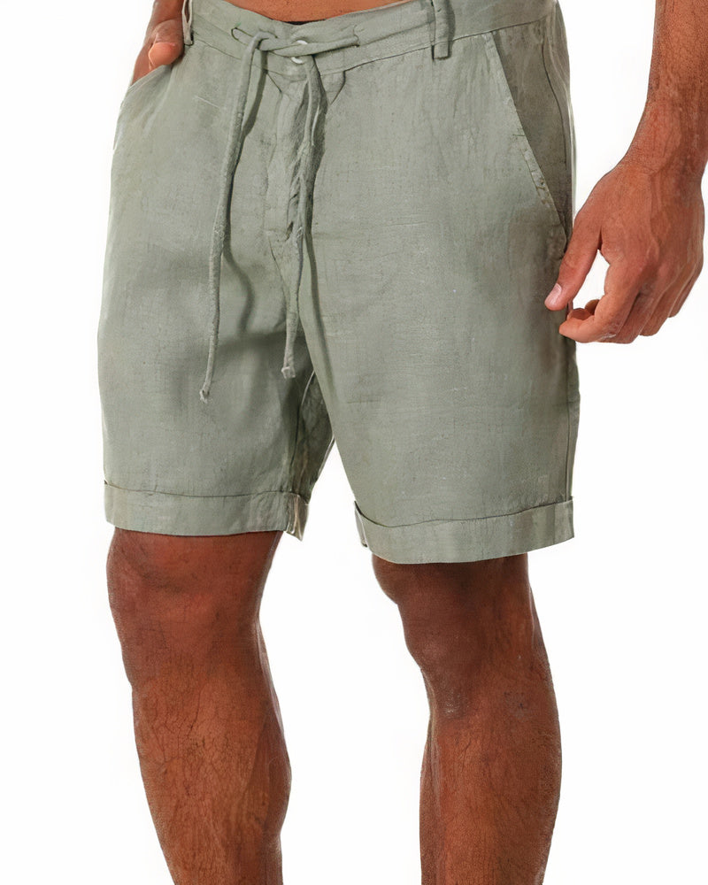 Grüne Leinen-Shorts für Herren mit Kordelzug, lässig, bequem, ideal für Sommermode.