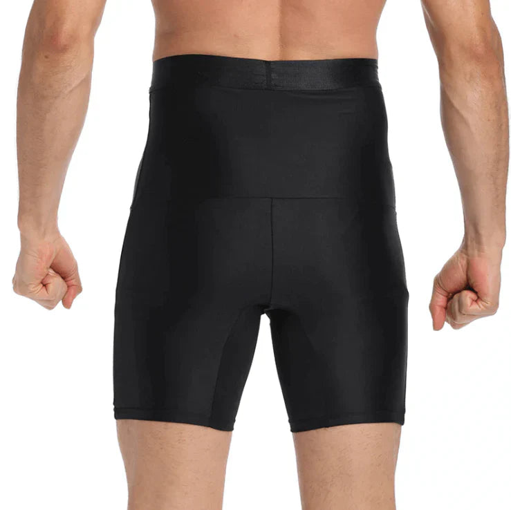 Schwarze Herren-Miederhose, nahtlos, figurformend, hoher Bund, elastisch, Rückansicht.