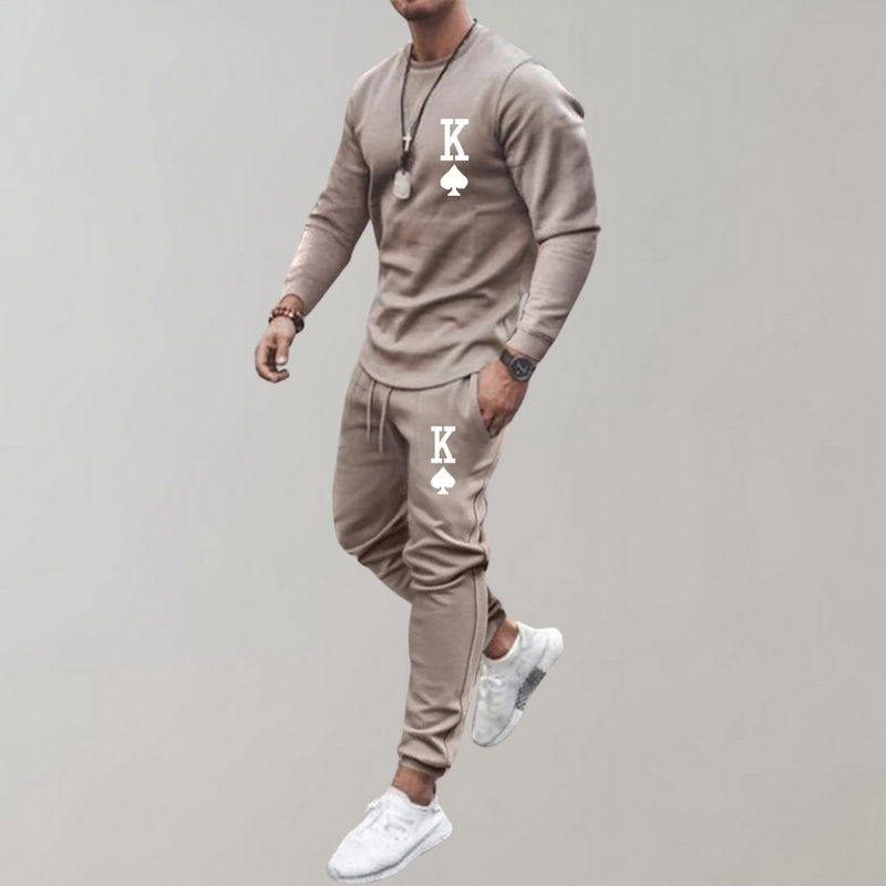 Khaki Jogginganzug Herren, Langarmshirt und Jogginghose, bequeme Freizeitmode, Sportbekleidung.