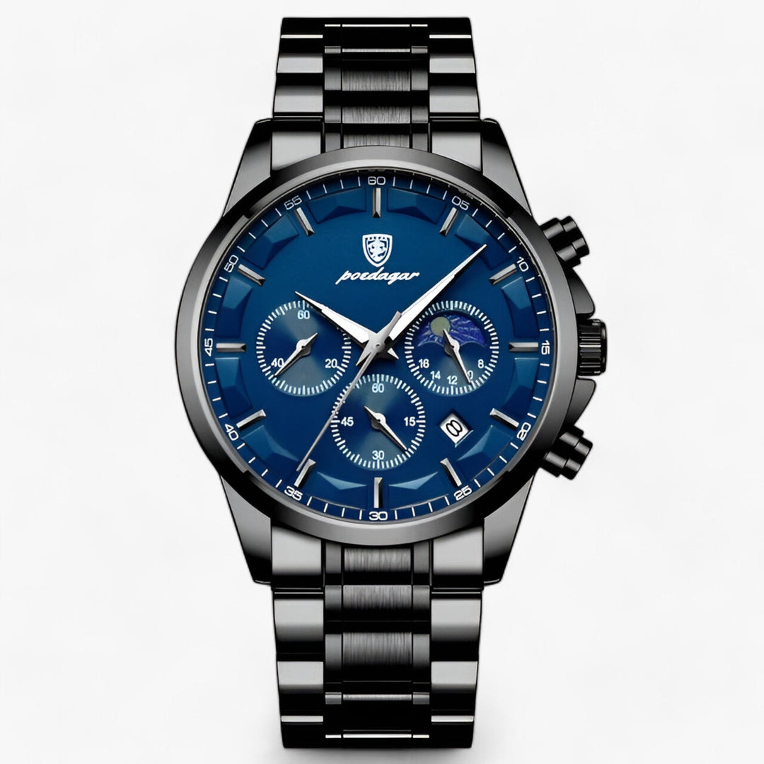 Luxus Herrenarmbanduhr, Edelstahl, blaues Zifferblatt, Chronograph, elegantes Design