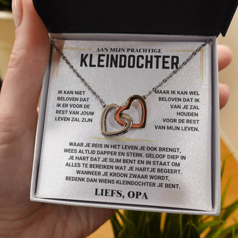 Silberne und goldene Herz-Halskette in Geschenkbox mit niederländischem Text.