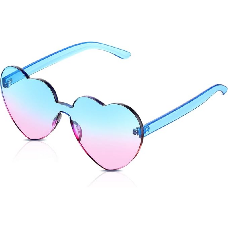 Herzförmige Sonnenbrille, blau-rosa Verlauf, modisches Accessoire, UV-Schutz, Damenmode.