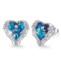 Blaue Engelsflügel Ohrringe mit Herzform, Kristallsteinen, silberne Fassung, Schutzengel Schmuck.