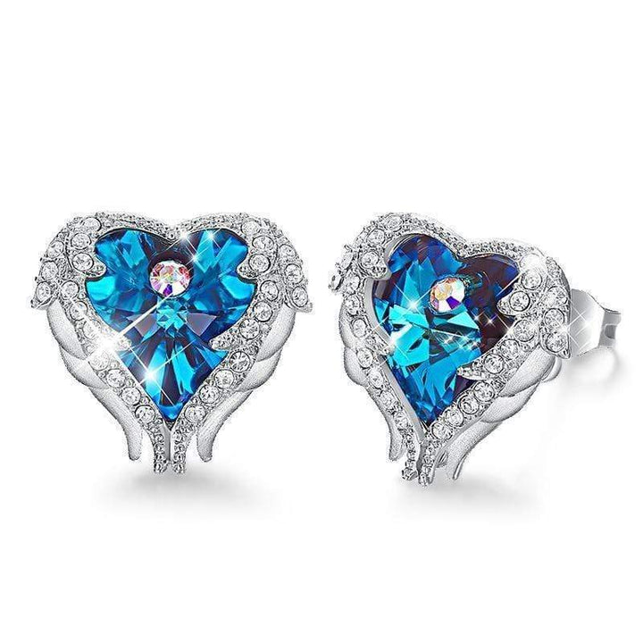 Blaue Engelsflügel Ohrringe mit Herzform, Kristallsteinen, silberne Fassung, Schutzengel Schmuck.