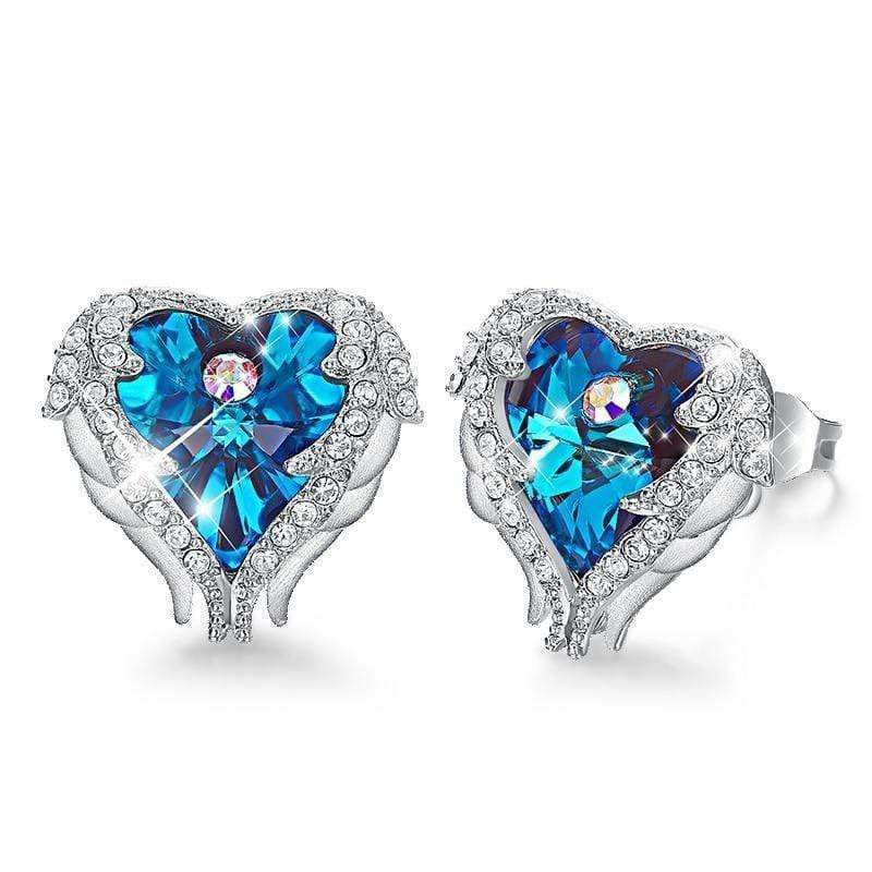 Blaue Engelsflügel Ohrringe mit Herzform, Kristallsteinen, silberne Fassung, Schutzengel Schmuck.