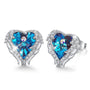 Blaue Engelsflügel Ohrringe mit Herzform, Kristallsteinen, silberne Fassung, Schutzengel Schmuck.
