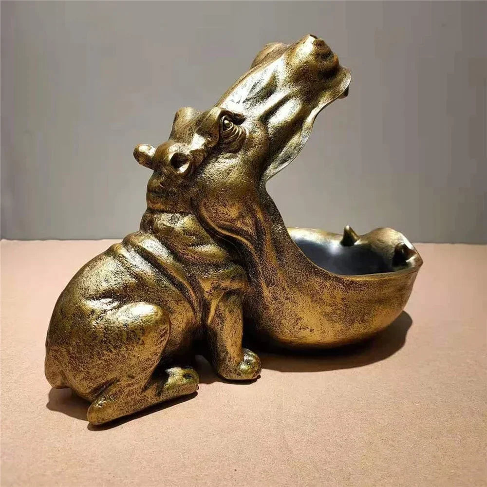 Goldene Nilpferd-Figur, Schlüsselschale, dekorative Aufbewahrung, Tischdekoration, Wohnzimmer.