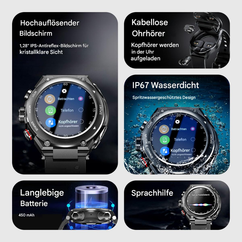 Hochauflösende Smartwatch mit kabellosen Ohrhörern, IP67 wasserdicht, langlebige Batterie.
