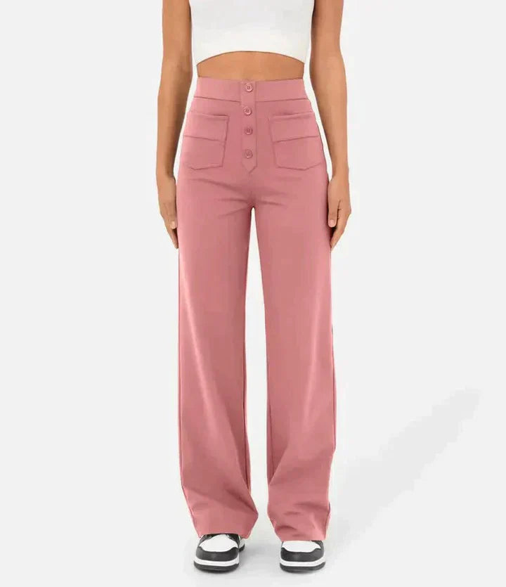 Damenhose hoch tailliert rosa, elastisch, casual, mit Knöpfen, Taschen, modisch, bequem.