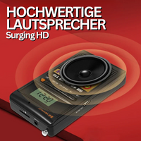 Hochwertiger tragbarer Lautsprecher, schwarz, mit Display und HD-Sound, auf rotem Hintergrund.