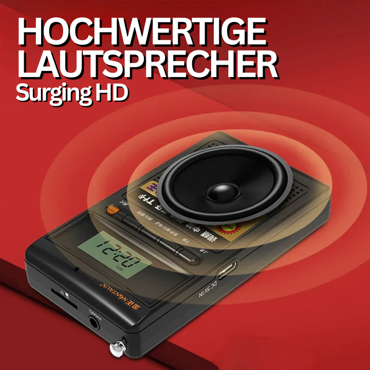 Hochwertiger tragbarer Lautsprecher, schwarz, mit Display und HD-Sound, auf rotem Hintergrund.