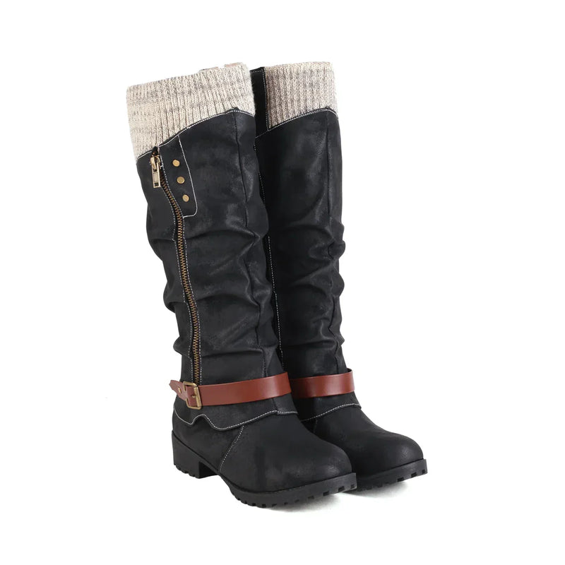 Schwarze Damenstiefel mit braunem Riemen, Reißverschluss, Strickbund, modisch, bequem.