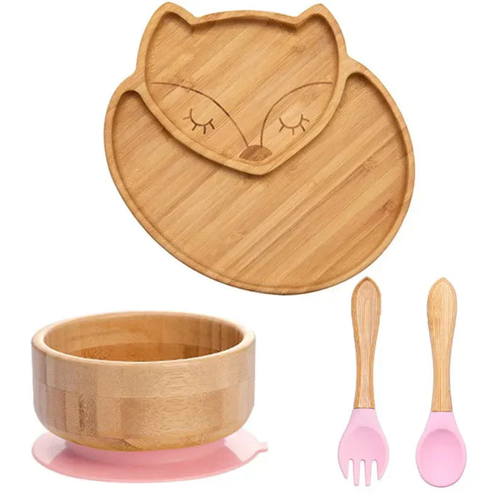 Bambus Kindergeschirr Set, Eulenform Teller, Schüssel, Löffel, Gabel, rosa, umweltfreundlich