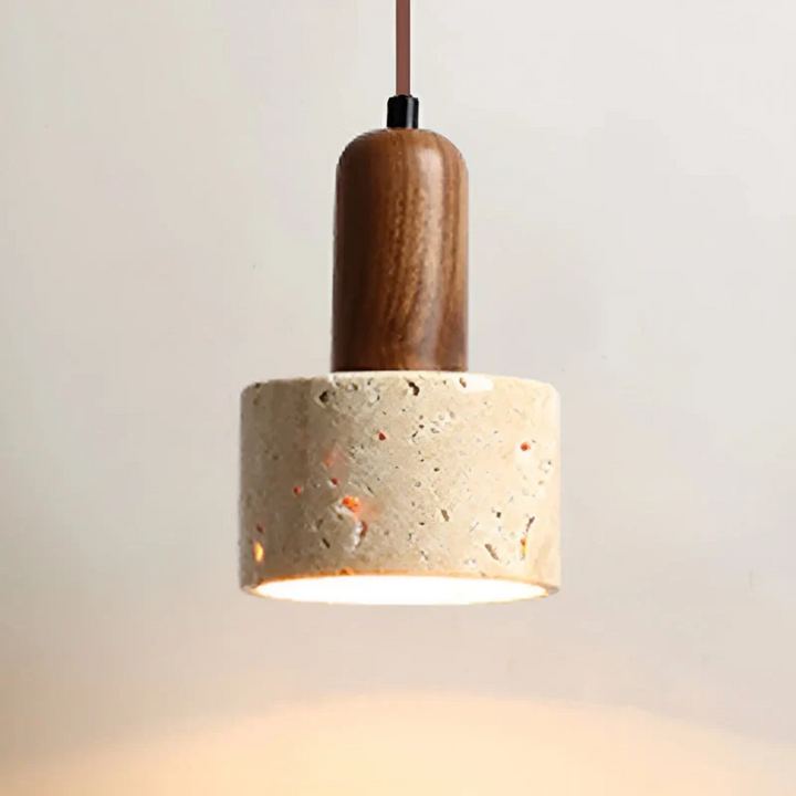 Hängelampe aus Holz und Beton, modernes Design, warmes Licht, minimalistische Inneneinrichtung.