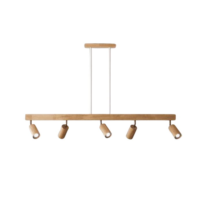 Moderne Holz-Pendelleuchte mit fünf verstellbaren Strahlern für Esszimmerbeleuchtung.