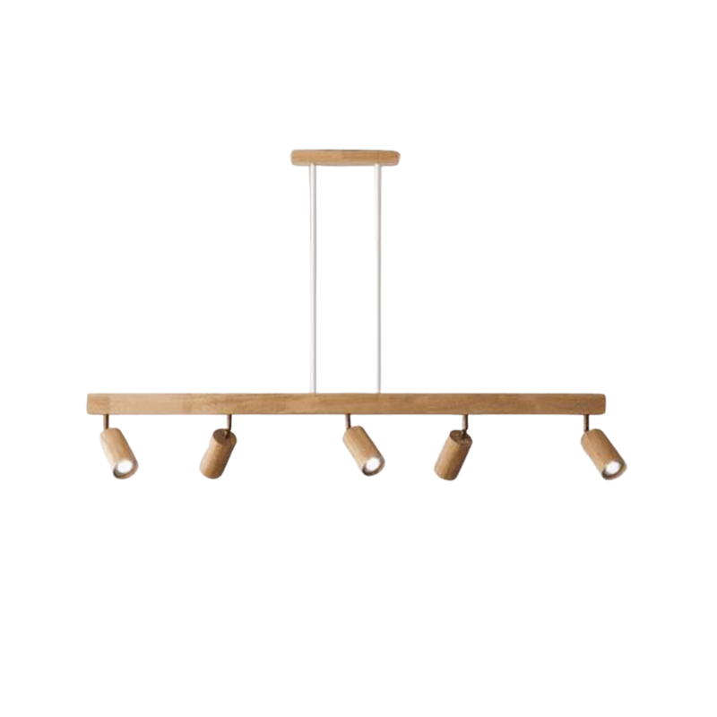 Moderne Holz-Pendelleuchte mit fünf verstellbaren Strahlern für Esszimmerbeleuchtung.