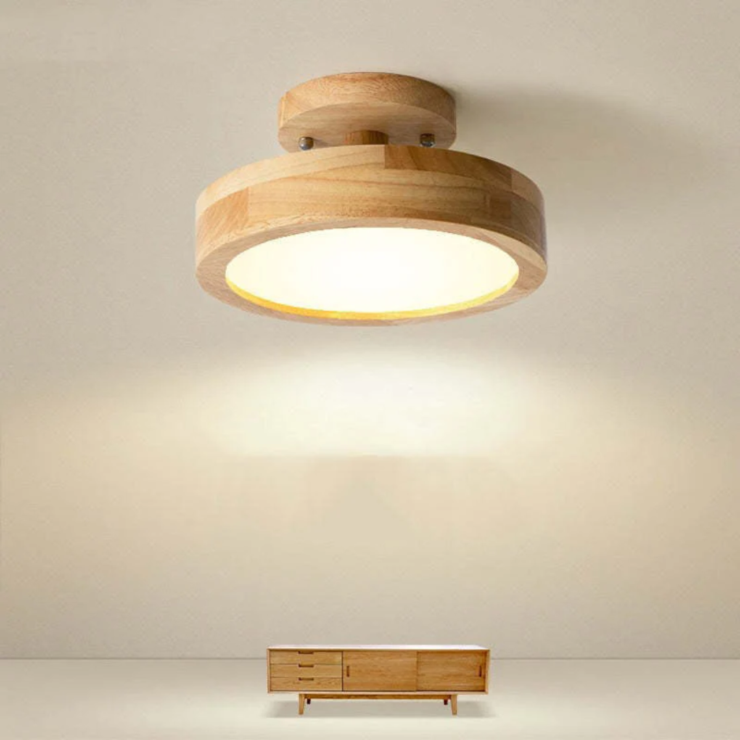 Deckenleuchte Holz rund, modernes Design, warmes Licht, ideal für Wohnzimmer oder Esszimmer.