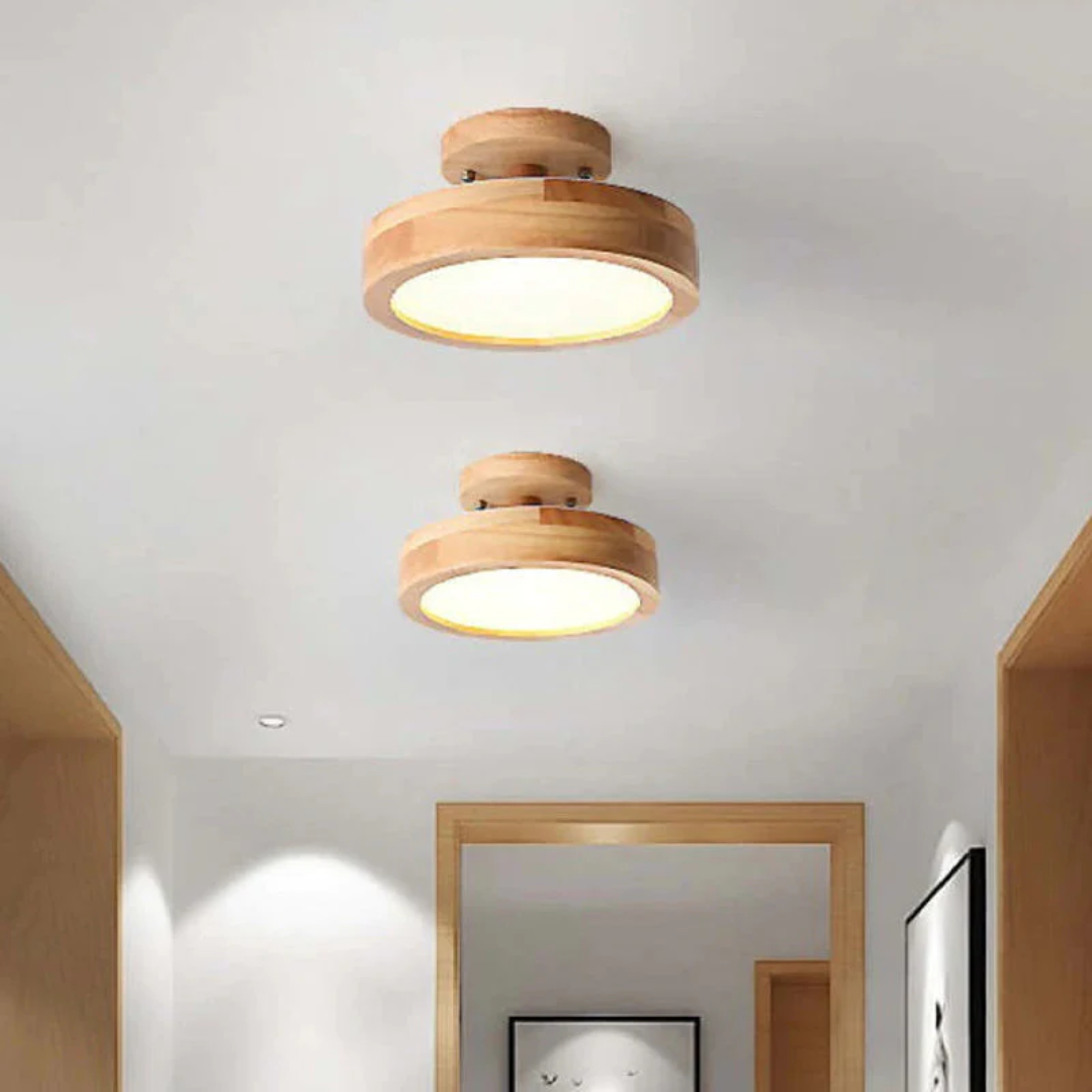 Moderne Deckenleuchte Holz LED rund, warmweiß, Flurbeleuchtung, minimalistisches Design.