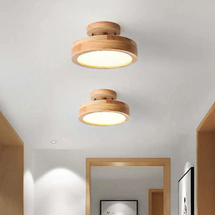 Moderne Deckenleuchte Holz LED rund, warmweiß, Flurbeleuchtung, minimalistisches Design.