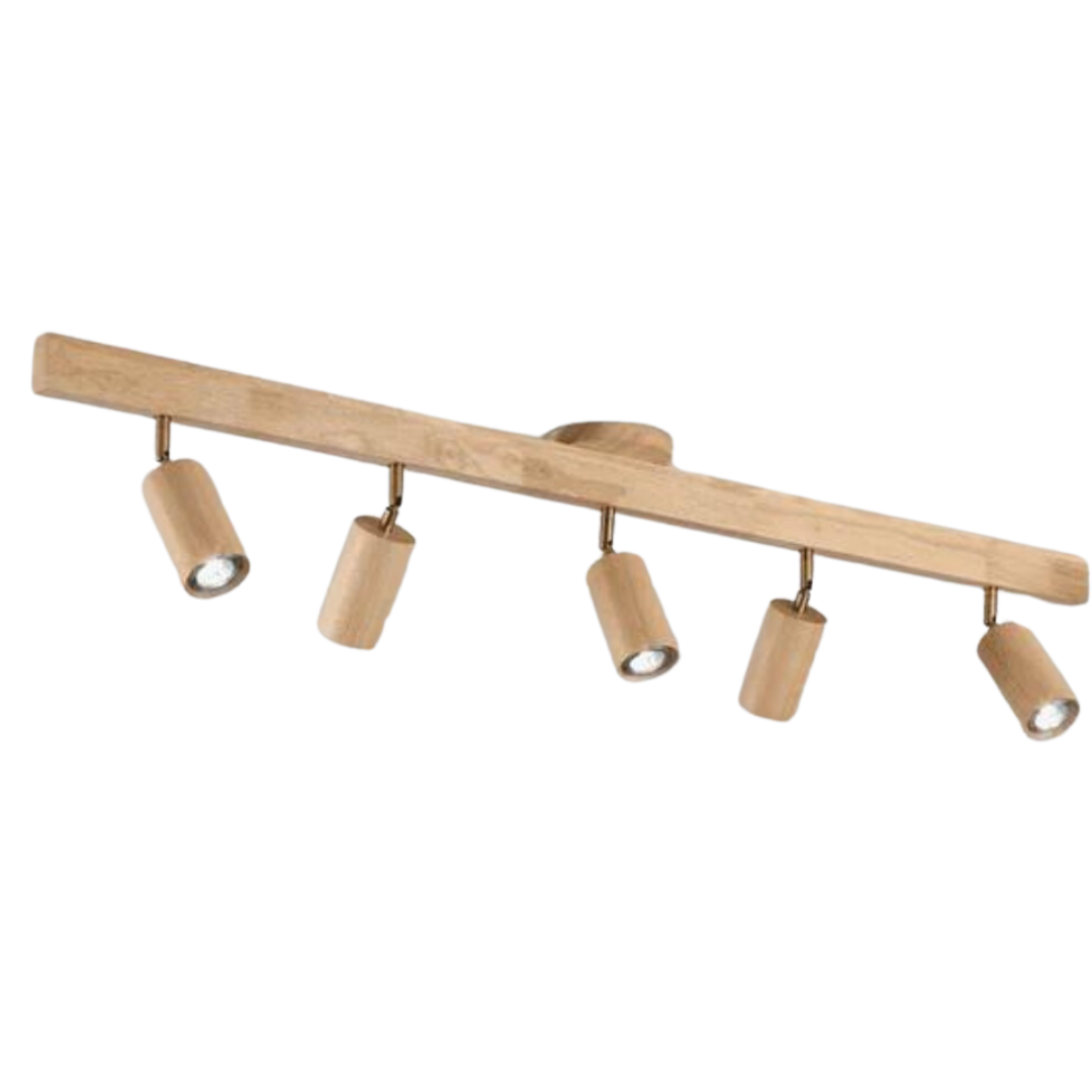 Holz-Deckenleuchte mit fünf verstellbaren Spots, modernes Design, LED-kompatibel.