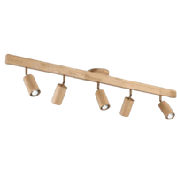 Holz-Deckenleuchte mit fünf verstellbaren Spots, modernes Design, LED-kompatibel.