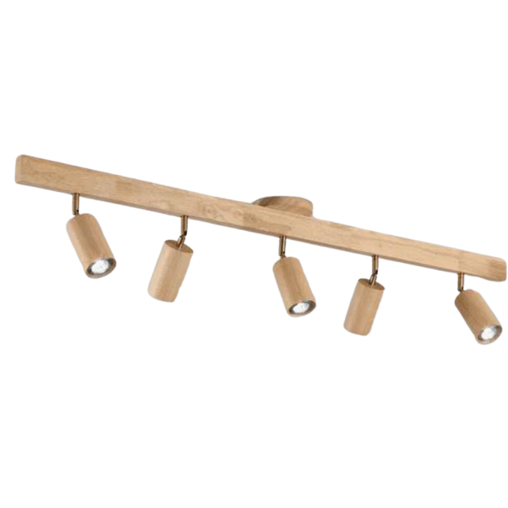 Holz-Deckenleuchte mit fünf verstellbaren Spots, modernes Design, LED-kompatibel.