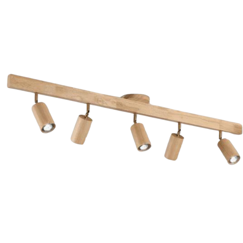 Holz-Deckenleuchte mit fünf verstellbaren Spots, modernes Design, LED-kompatibel.