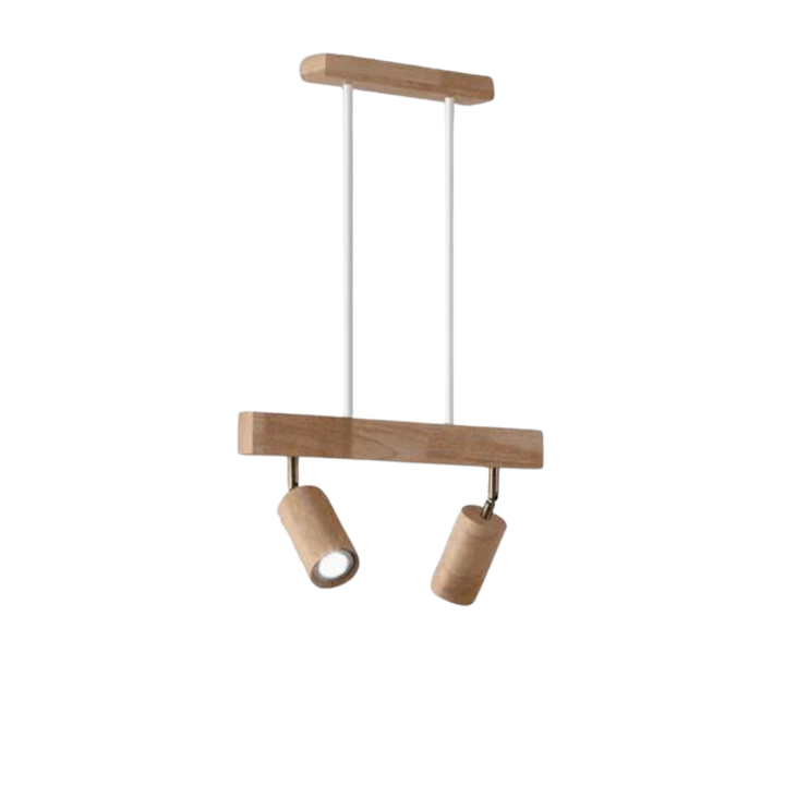 Moderne Holz-Pendelleuchte mit zwei verstellbaren Strahlern, skandinavisches Design.
