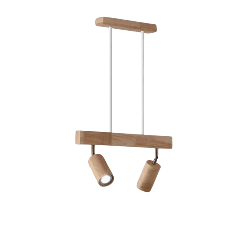 Moderne Holz-Pendelleuchte mit zwei verstellbaren Strahlern, skandinavisches Design.