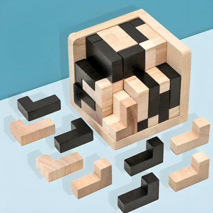 Holzpuzzle in Schwarz und Natur, 3D-Logikspiel, Denkspiel, Lernspielzeug, Geschenkidee.