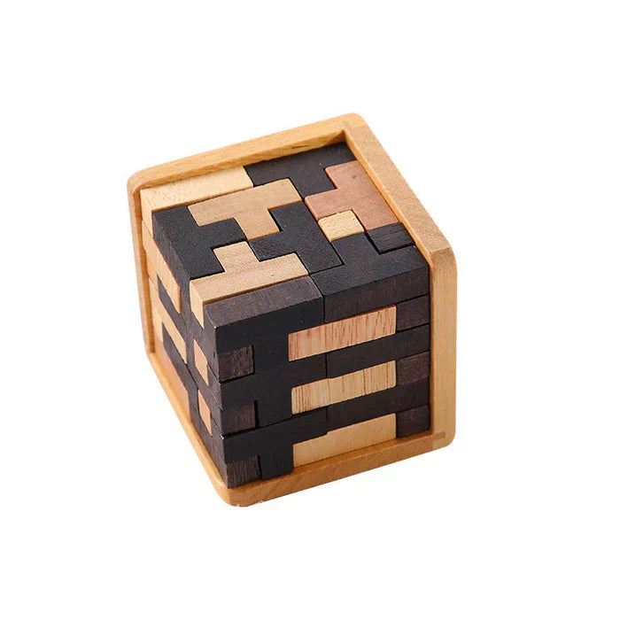 Holzpuzzle-Würfel, schwarz-braun, 3D-Geduldspiel, Denkspiel, Lernspielzeug, Geschenkidee.
