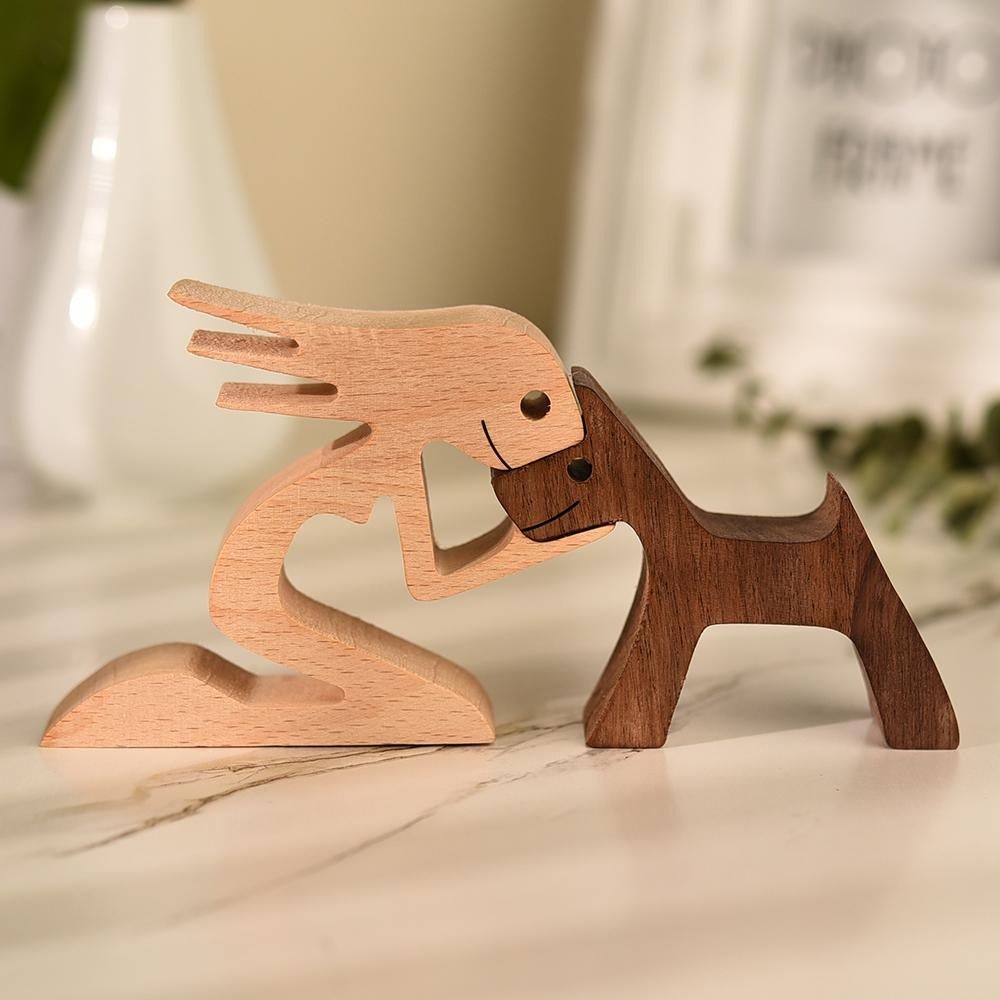 Holzfigur Mensch und Hund, handgefertigt, Dekoration, Naturholz, modernes Design, Wohnzimmer.