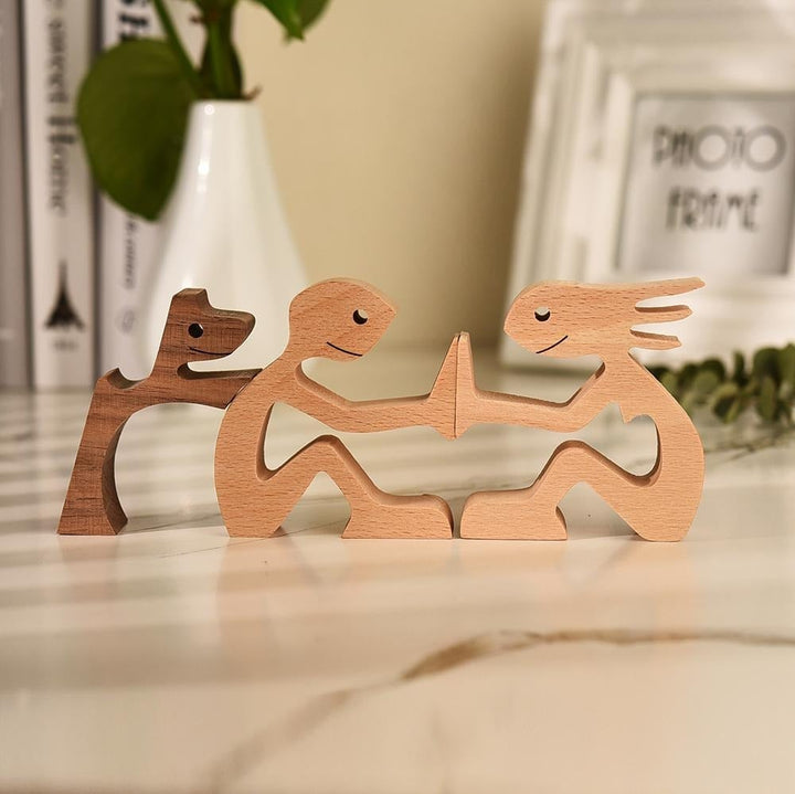 Holzskulptur Familie mit Hund, moderne Deko, handgefertigt, Wohnzimmer, Naturholzoptik