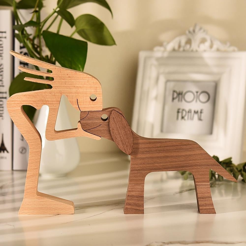 Holzskulptur Mensch und Hund, moderne Deko, Wohnzimmer, Naturholz, handgefertigt, Geschenkidee.
