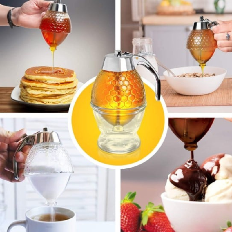 Honigspender aus Glas, Bienenwaben-Design, ideal für Pfannkuchen, Müsli, Kaffee, Desserts.