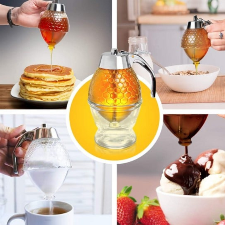 Honigspender aus Glas, Bienenwaben-Design, ideal für Pfannkuchen, Müsli, Kaffee, Desserts.