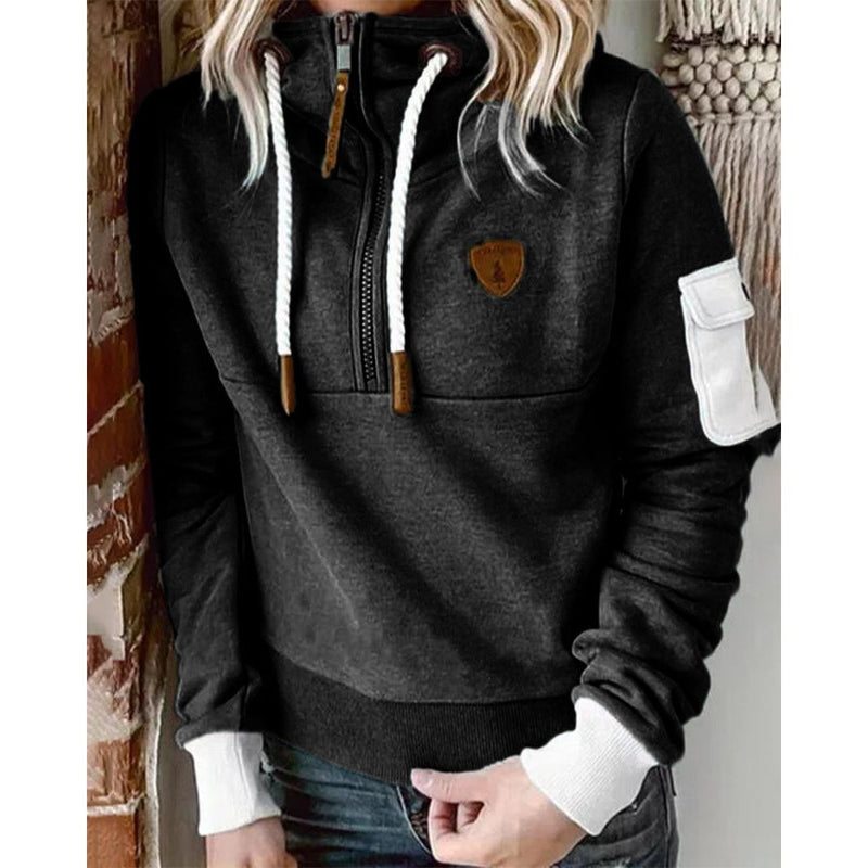 Damen Hoodie schwarz, Reißverschluss, Kordelzug, Baumwolle, ideal für Frühling, Freizeitmode.