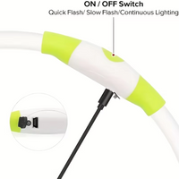 LED-Halsband für Hunde, USB-aufladbar, grün-weiß, mit Ein/Aus-Schalter, verschiedene Leuchtmodi.