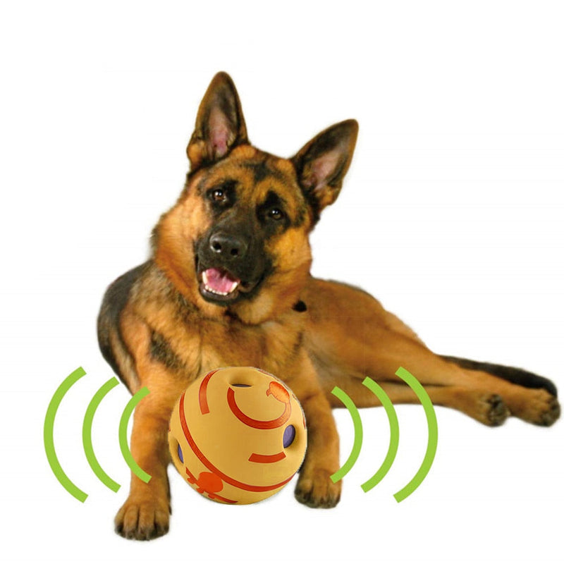 Deutscher Schäferhund mit interaktivem gelbem Hundespielzeugball, Vibration, Spielzeug für Hunde.