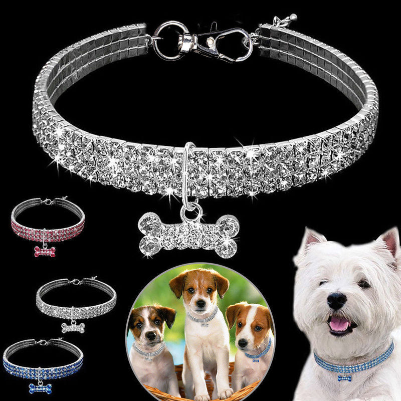 Luxuriöses Hundehalsband mit Strass, silber, Knochenanhänger, für kleine Hunde.